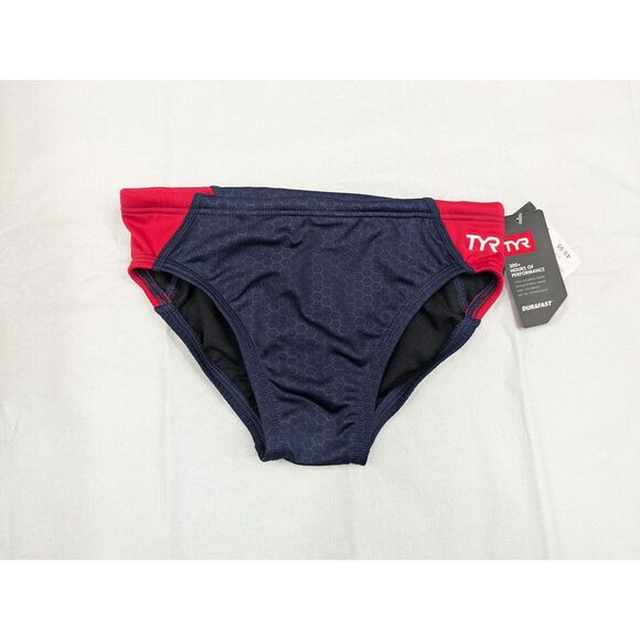 TYR Boys Durafast Hexa Blade Racer Brief Swimsuit Navy and Red sz 28 *NEW* - Picture 1 of 7